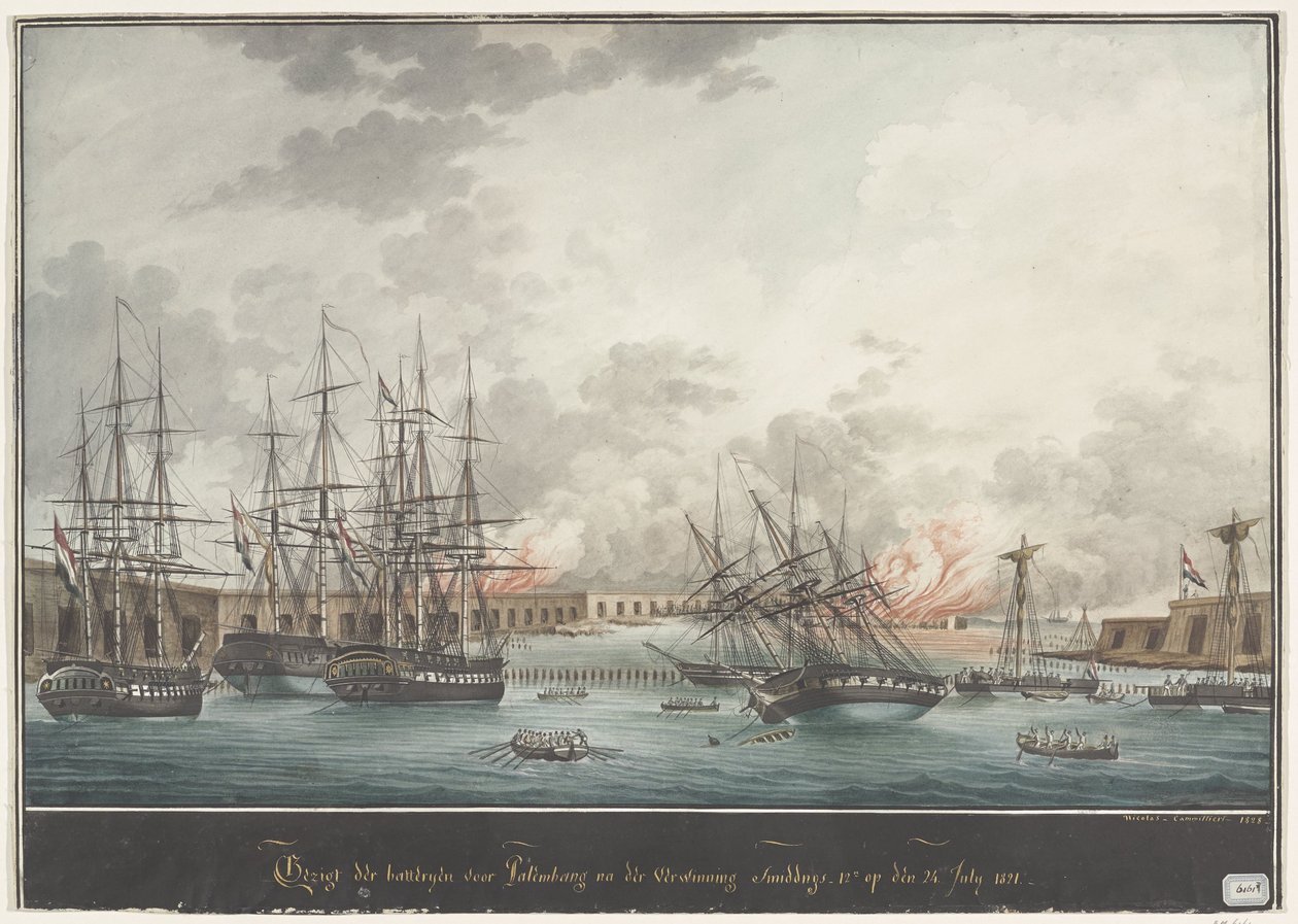Ansicht der Batterien vor Palembang nach dem Sieg mittags - 12 Uhr am 24. Juli 1821 von Nicolas Cammillieri