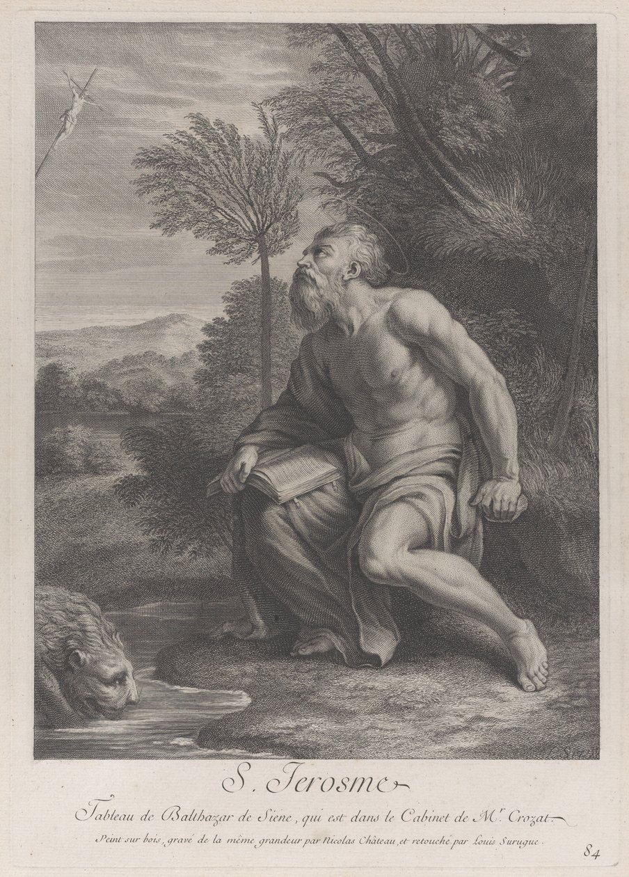 Heiliger Hieronymus sitzt unter einem Baum und schaut auf ein Kruzifix, ein Löwe trinkt Wasser aus einem Bach..., 1728 von Nicolas Chateau