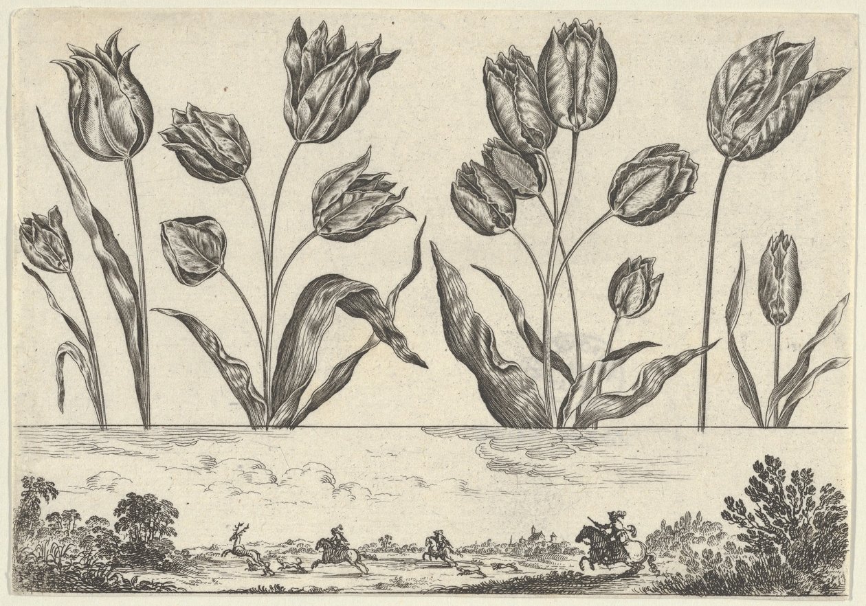 Horizontales Paneel mit einer Reihe von Blumen über einem Fries mit einer Jagdszene in einer Landschaft, 1645 von Nicolas Cochin