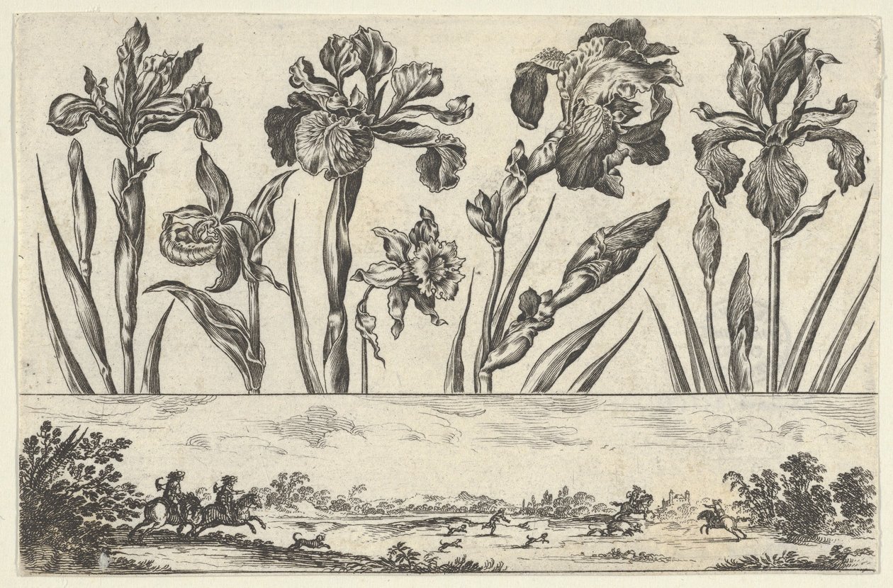 Horizontales Paneel mit einer Reihe von Blumen über einem Fries mit einer Jagdszene in einer Landschaft, 1645 von Nicolas Cochin