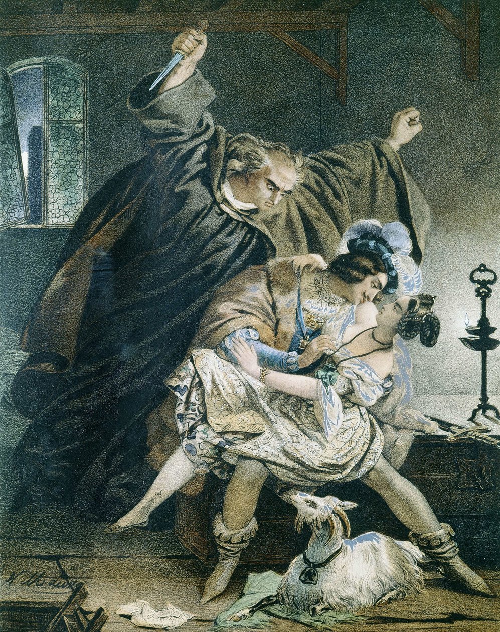 Esmeralda, Phoebus und Claude Frollo (Notre Dame de Paris) von Victor Hugo. Illustration von Nicolas Eustache Maurin (1799-1850). Private Sammlung. von Nicolas Eustache Maurin