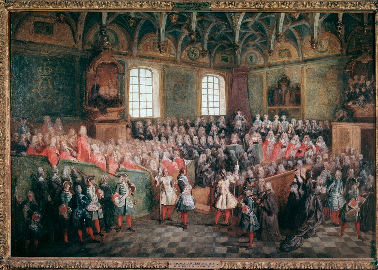 Bett der Gerechtigkeit gehalten von der Mehrheit von König Ludwig XV. in der Großen Kammer des Parlaments von Paris am 22. Februar von Nicolas Lancret