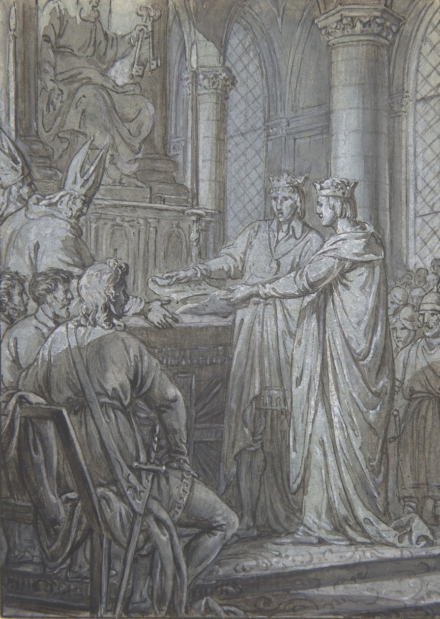 Ludwig III. und Karlmann geben den Bischöfen des Königreichs die Zusicherung ihrer Treue im Jahr 882, ca. 1791 von Nicolas Lejeune