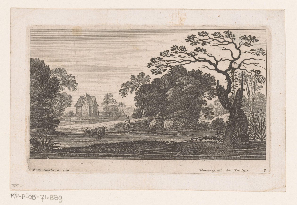Hirte mit zwei Kühen am Wasser von Nicolas Perelle