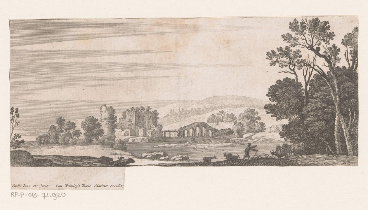 Flusslandschaft mit Brücke mit fünf Bögen von Nicolas Perelle