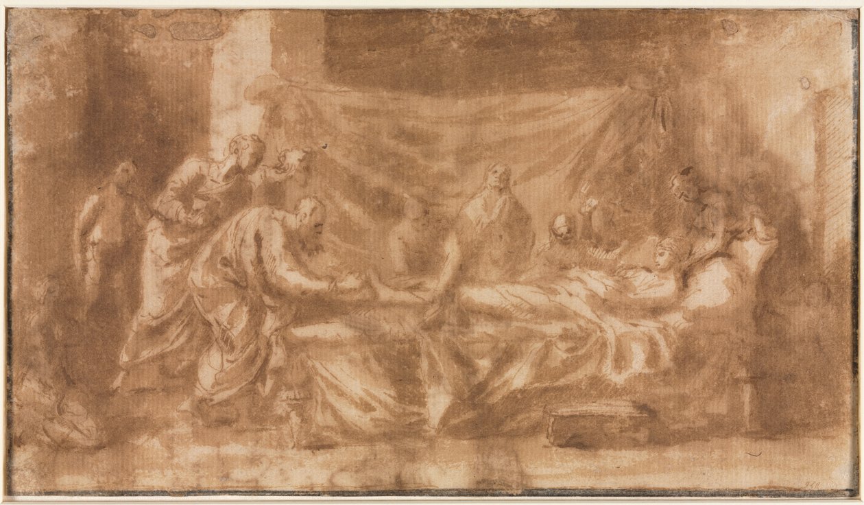 Letzte Ölung (recto); Drei Köpfe und andere Skizzen (verso) von Nicolas Poussin