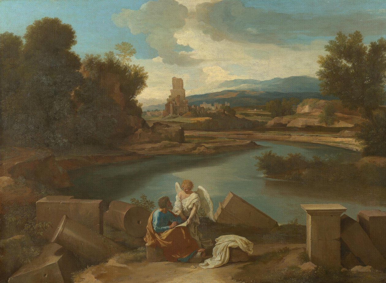 Landschaft aus der römischen Campagna, mit Matthäus und dem Engel von Nicolas Poussin