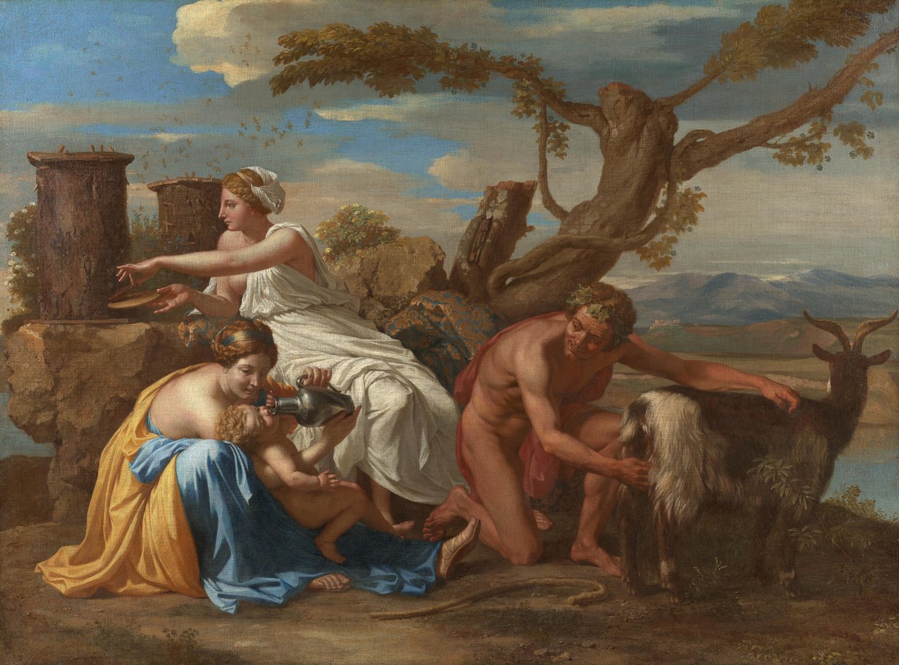 Das Jupiterkind, von der Ziege Amalthea genährt von Nicolas Poussin