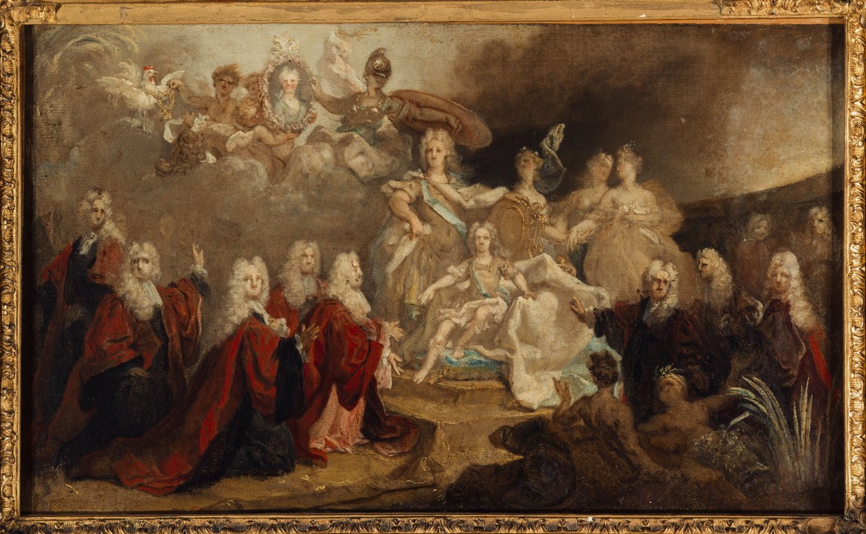 Allegorie der Verlobung von Ludwig XV. mit der Infantin Marie-Anne-Victoire von Spanien (1722), 1722 von Nicolas de (workshop) Largilliere