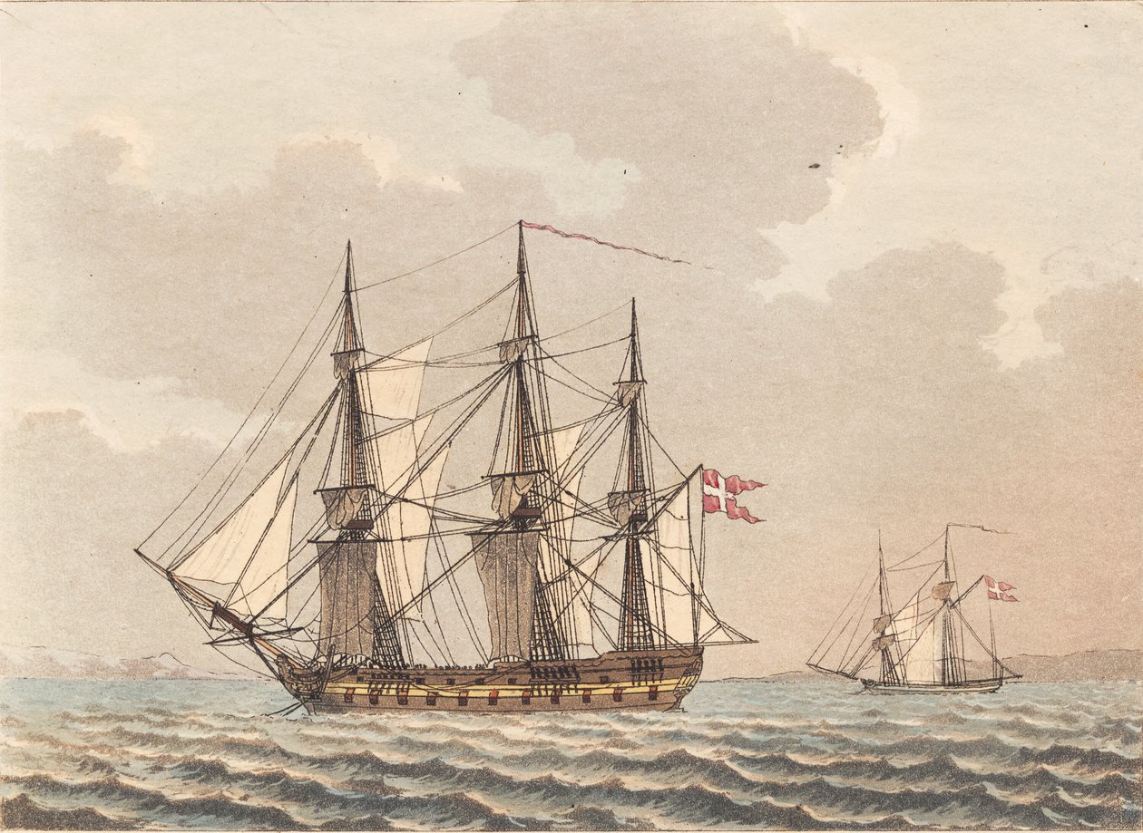 Ein dänisches Kriegsschiff vor Anker, das seine Segel trocknet von Niels Truslew