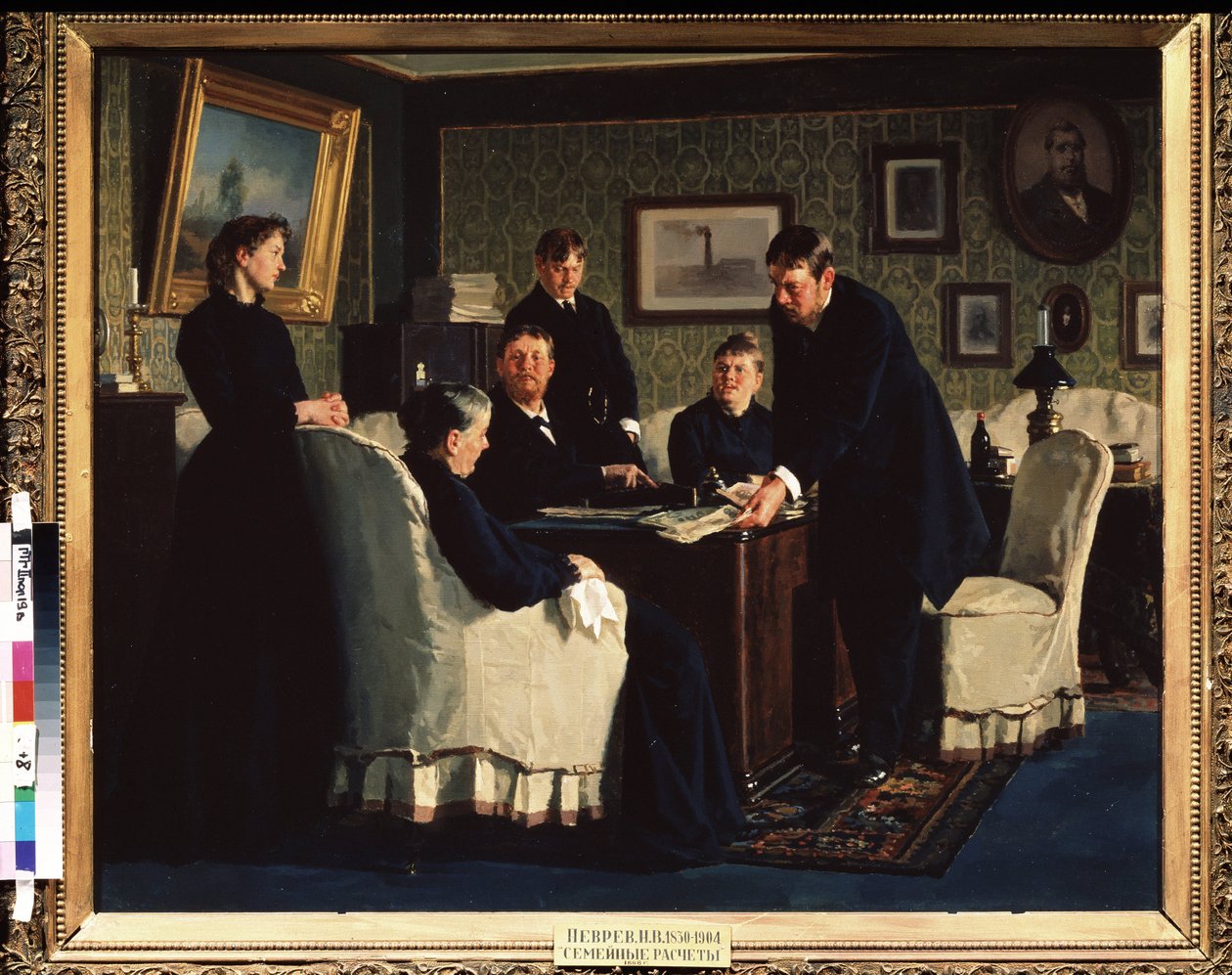 Die Familienkonten. Gemälde von Nikolai Wassiljewitsch Newrew (1830-1904), Öl auf Leinwand von Nikolai Vasilievich Nevrev