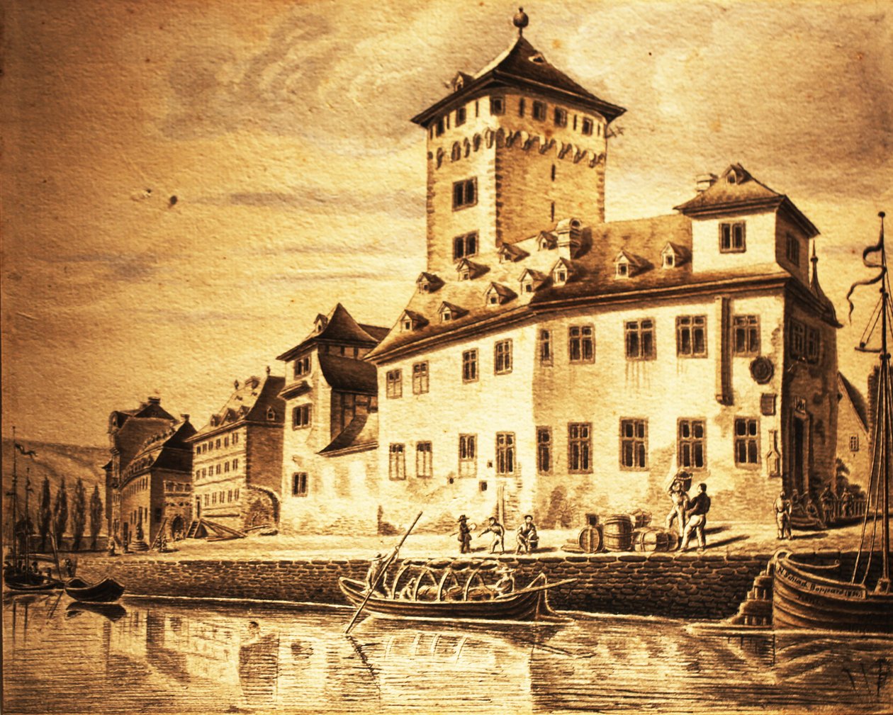 Das ehemalige kurfürstliche Schloss von Boppard im Jahr 1854 von Nikolaus Schlad