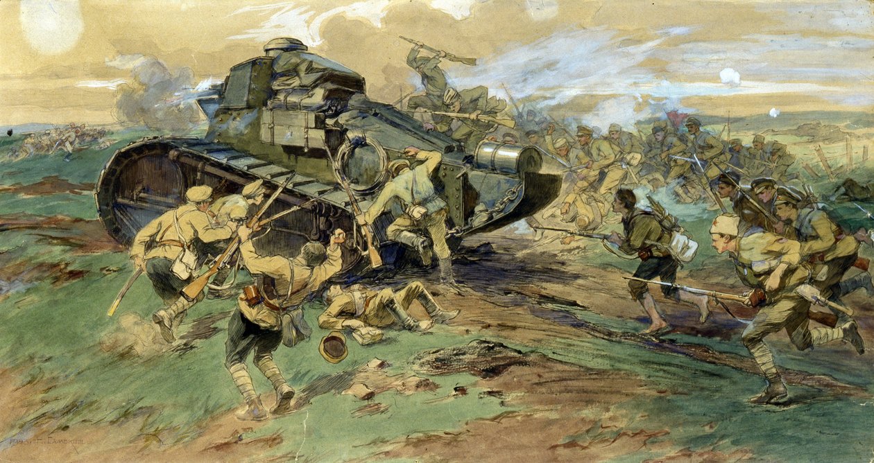 Die Eroberung eines Panzers auf der Krim. Schlachtszene während des russischen Bürgerkriegs (1917-1923), zwischen der Weißen Armee und den Roten Garden. Werk von Nikolai Semyonovich Samokish (1860-1944), Aquarell auf Papier von Nikolay Semenovich Samokish