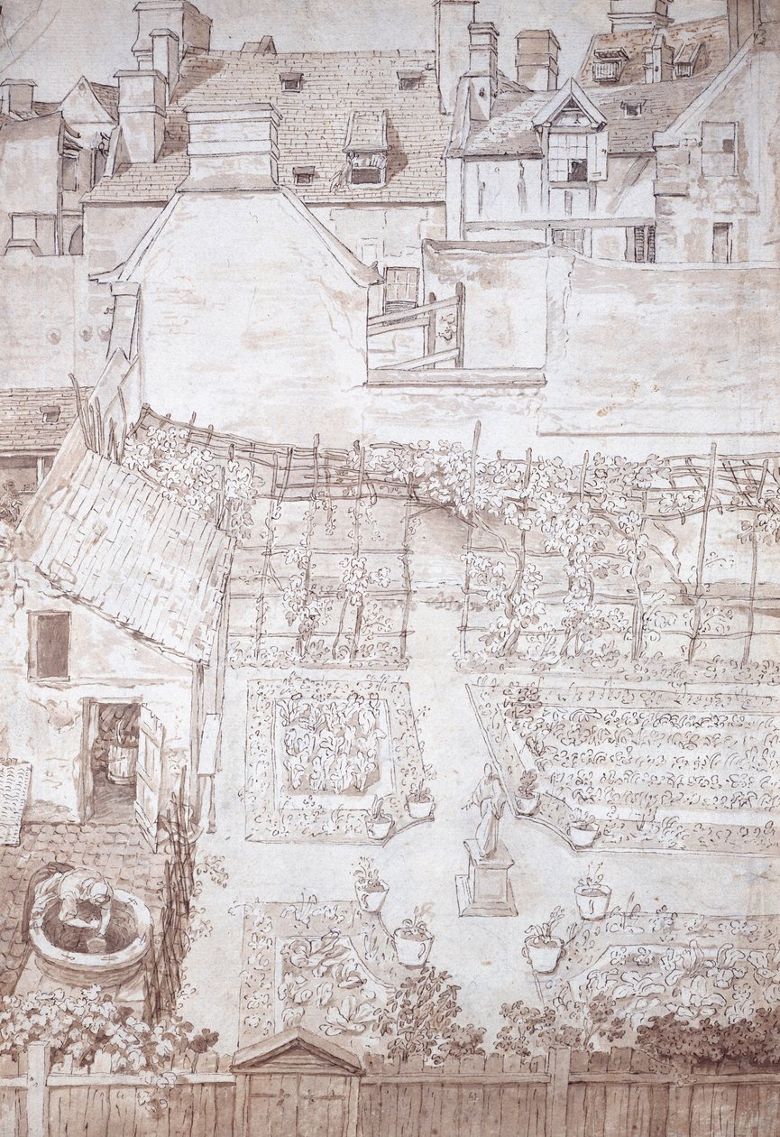 Ein Garten eines Stadthauses, mit Parterres und Weinlaube, umgeben von Gebäuden, um 1677 von Noel Gasselin