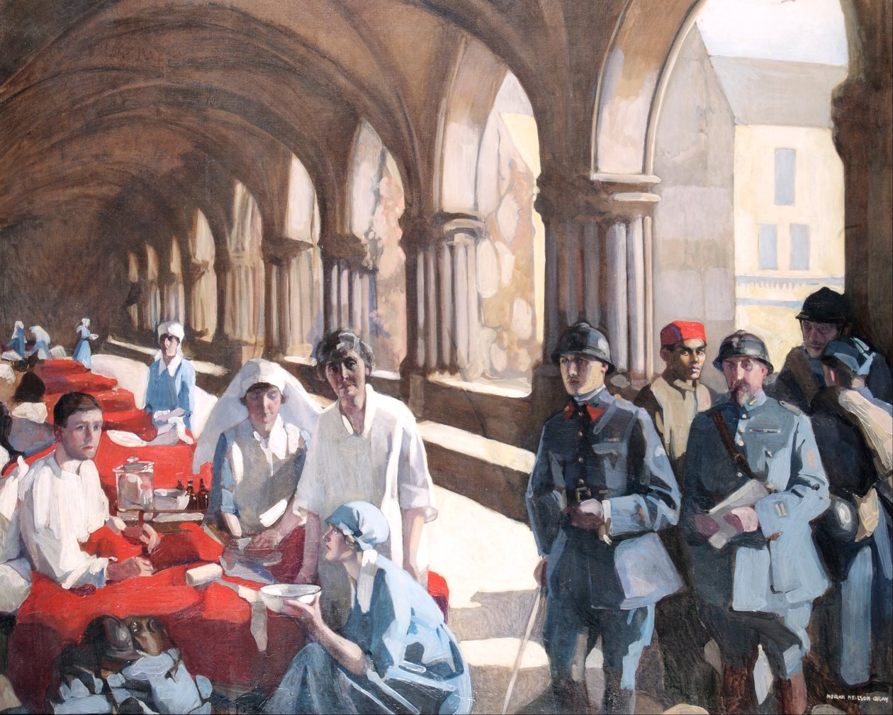Im Kreuzgang der Abtei von Royaumont. Dr. Frances Ivens untersucht eine französische Patientin von Norah Neilson Gray