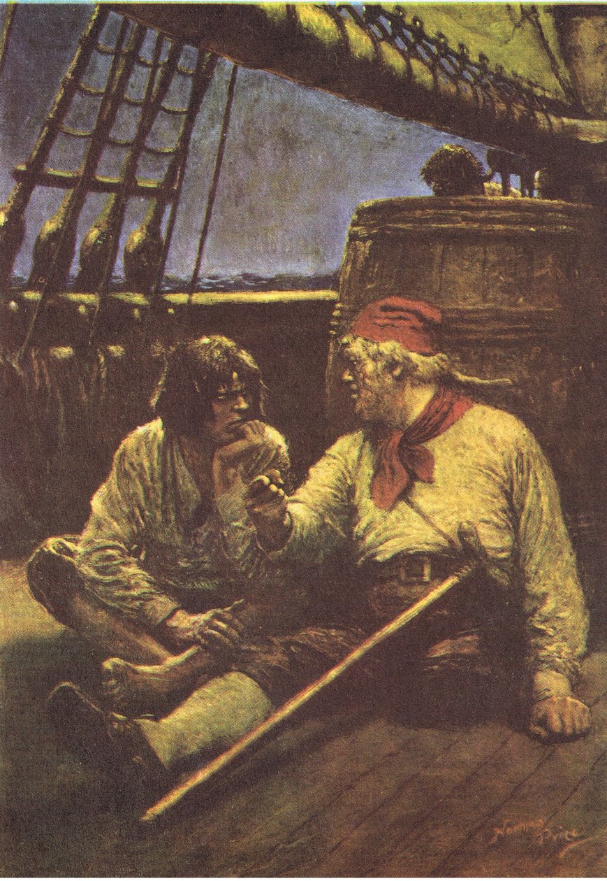 Das Fass wackelte, als er seine Schulter dagegen lehnte, aus Die Schatzinsel, veröffentlicht von MacDonald 1947 von Norman Mills Price