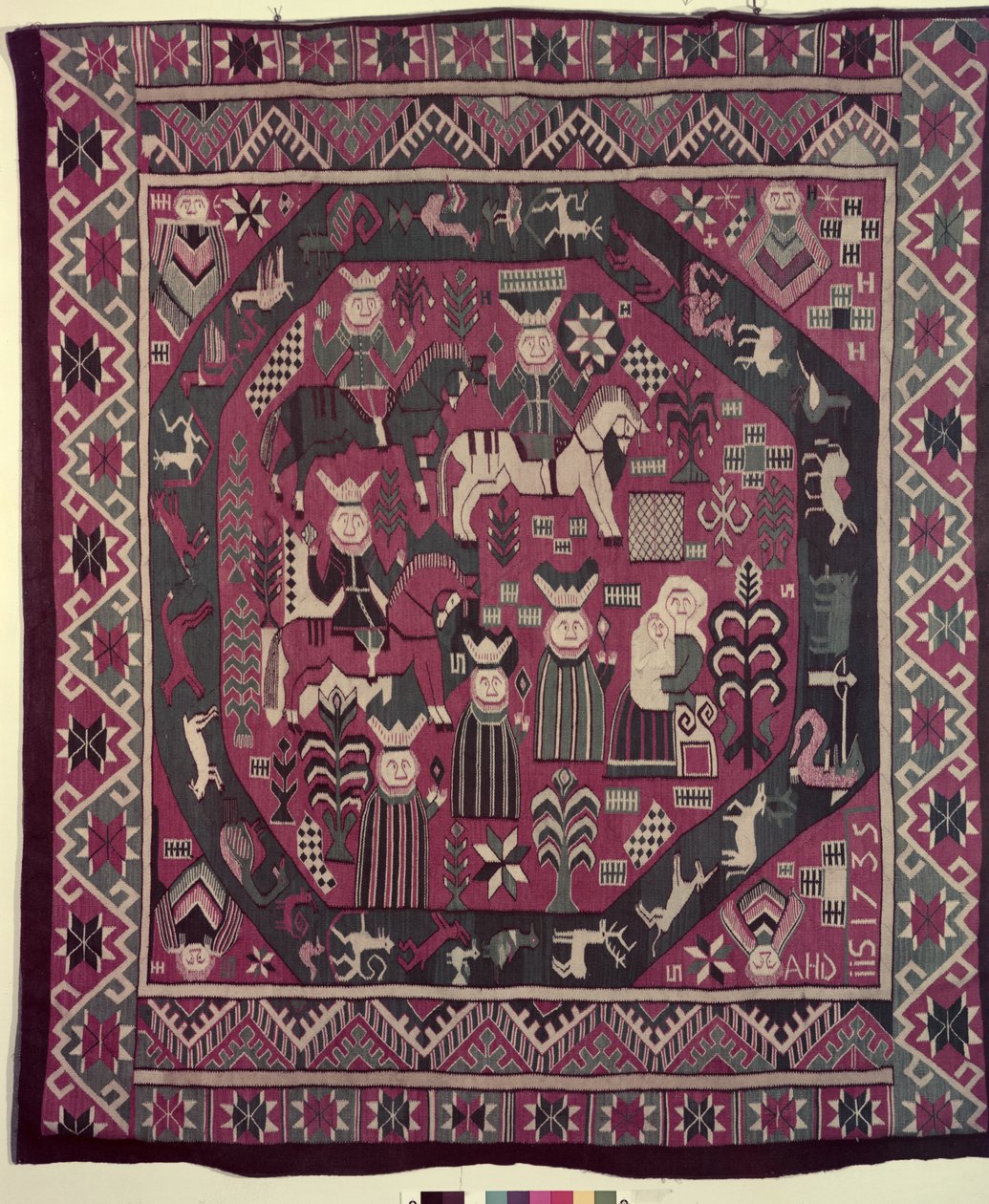 Teppich mit Rittern, einer Mutter mit ihrem Kind und verschiedenen anderen Figuren, 1735 von Norwegian School