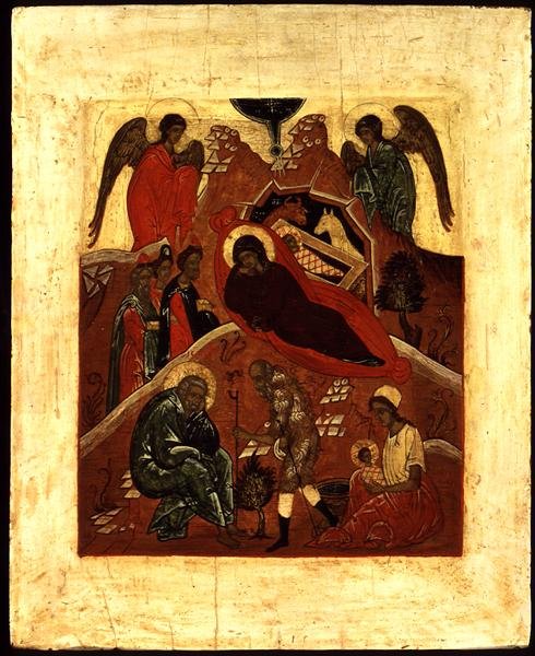 Ikone der Geburt Christi, die Anbetung der Heiligen Drei Könige und die Versuchung des Heiligen Joseph, ca. 1500 von Novgorod School