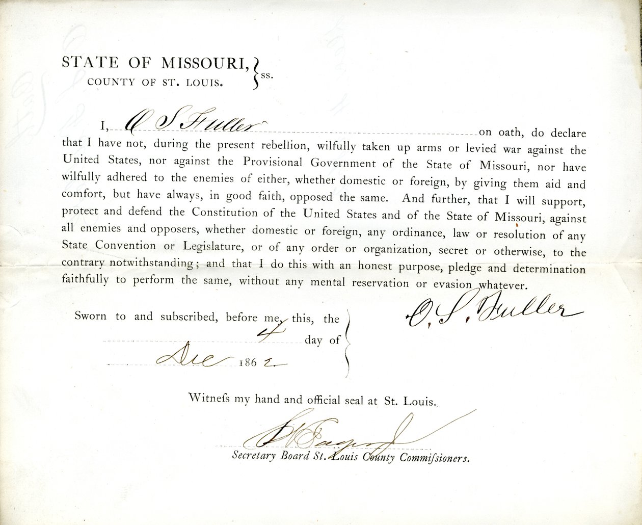 Treueeid von O. S. Fuller aus Missouri, County of St. Louis von O.S. Fuller