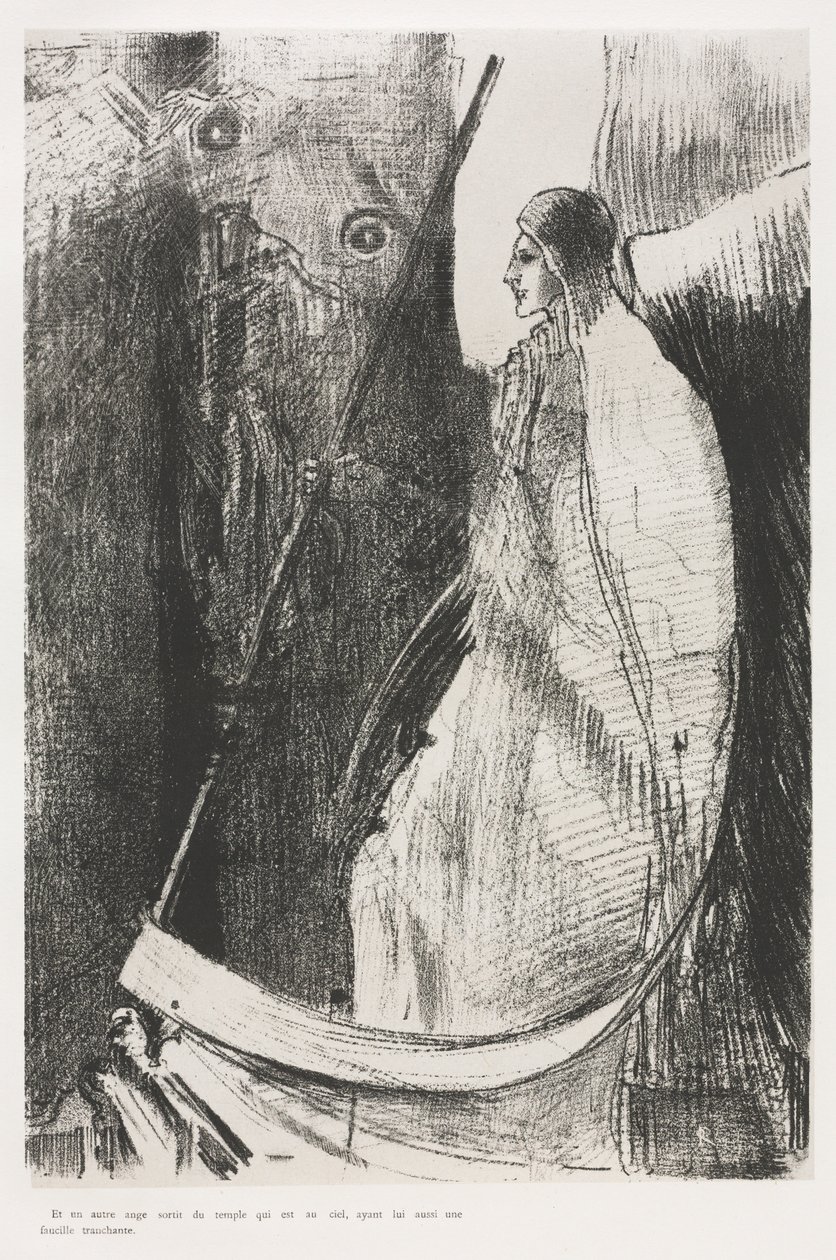 Und ein anderer Engel kam aus dem Tempel im Himmel, auch er hatte eine scharfe Sichel von Odilon Redon
