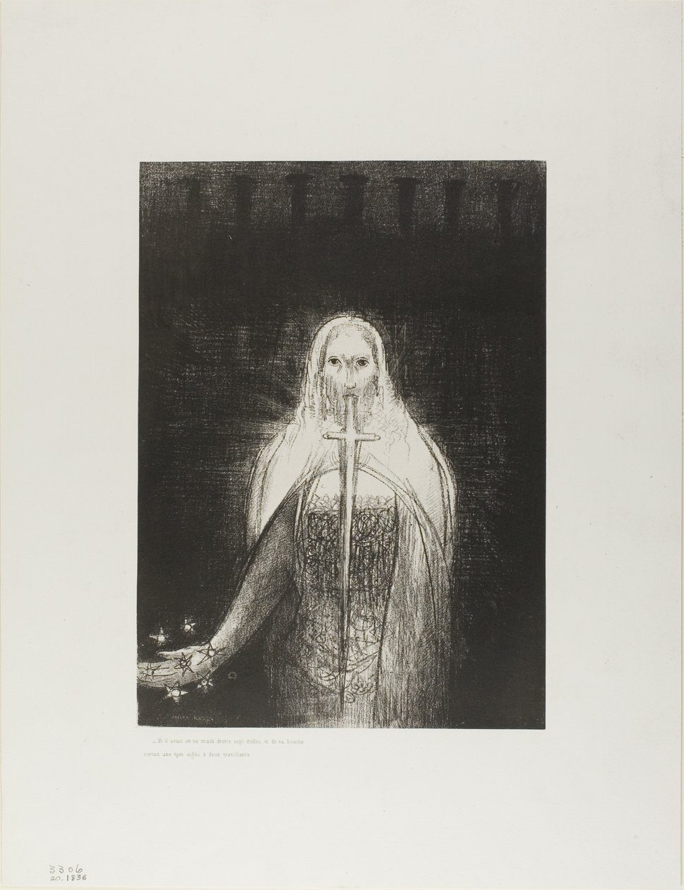 Und er hatte in seiner rechten Hand sieben Sterne; und aus seinem Mund ging ein scharfes, zweischneidiges Schwert, Platte 1 von 12 von Odilon Redon