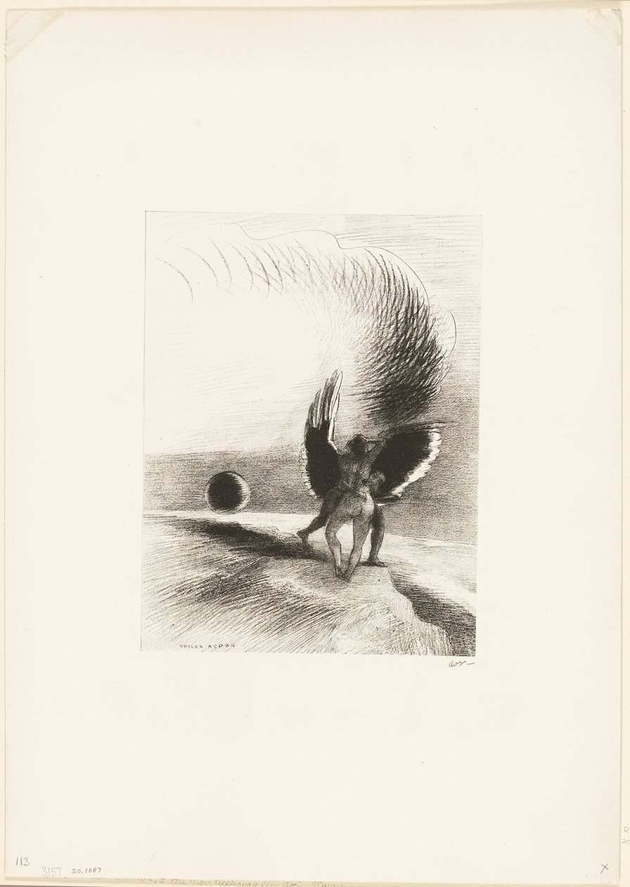 Unter dem Flügel des Schattens biss die schwarze Kreatur energisch, Platte 4 von 6 von Odilon Redon