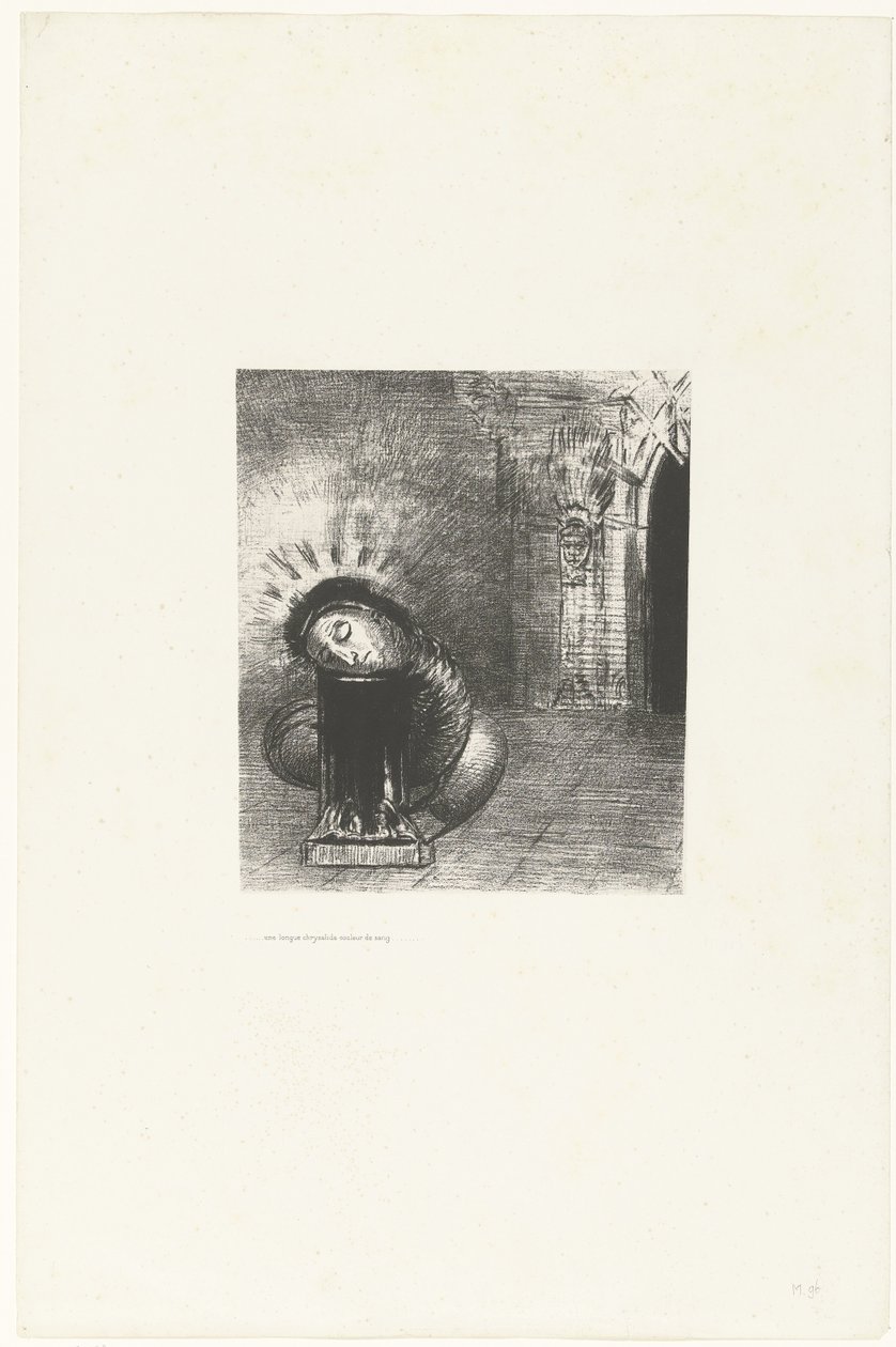 Een lange pop de kleur van bloed von Odilon Redon