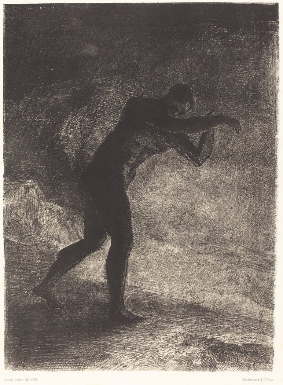 Und der Mensch erschien, den Boden befragend, aus dem er hervorging und der ihn anzieht, bahnte er sich den Weg zu düsterem Licht von Odilon Redon