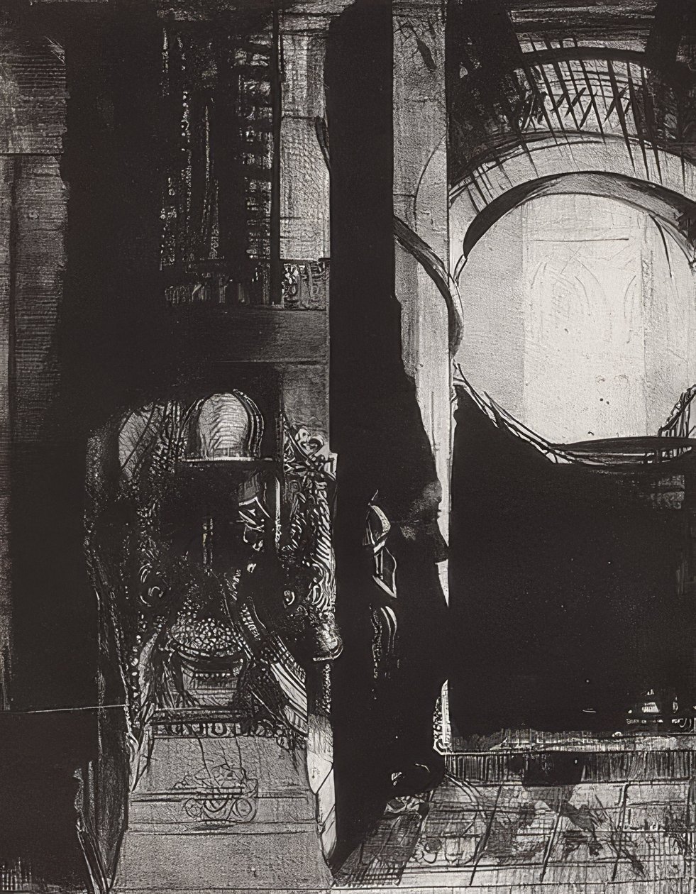 Et partout se sont des colonnes de basalte, La lumière tombe des voûtes, Blatt 3 der Folge La Tentation de Saint-Antoine von Odilon Redon