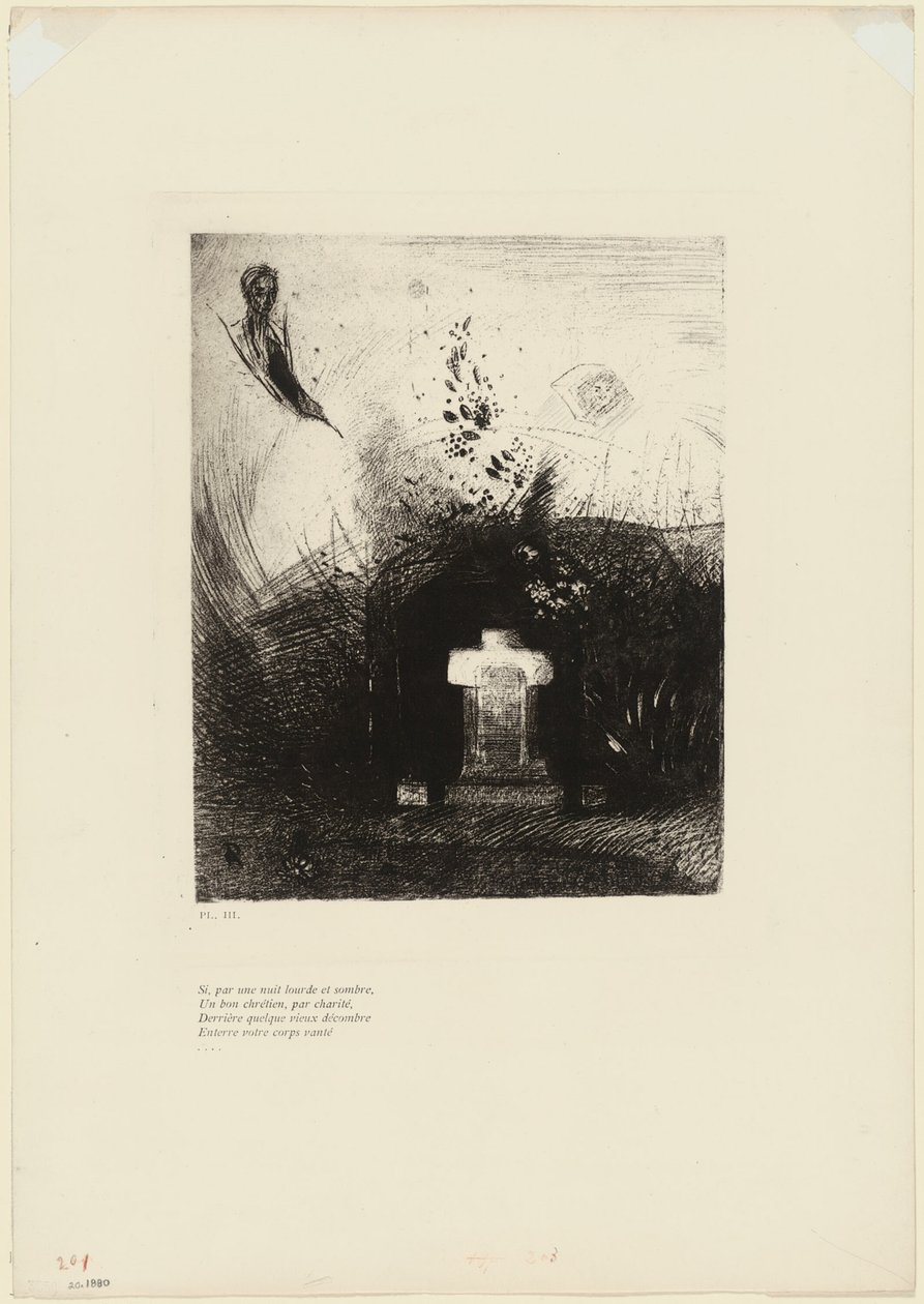 Wenn an einer dunklen Nacht ein guter Christ aus Nächstenliebe hinter einer alten Ruine deinen gewölbten Körper begräbt, Platte 4 von 9 von Odilon Redon
