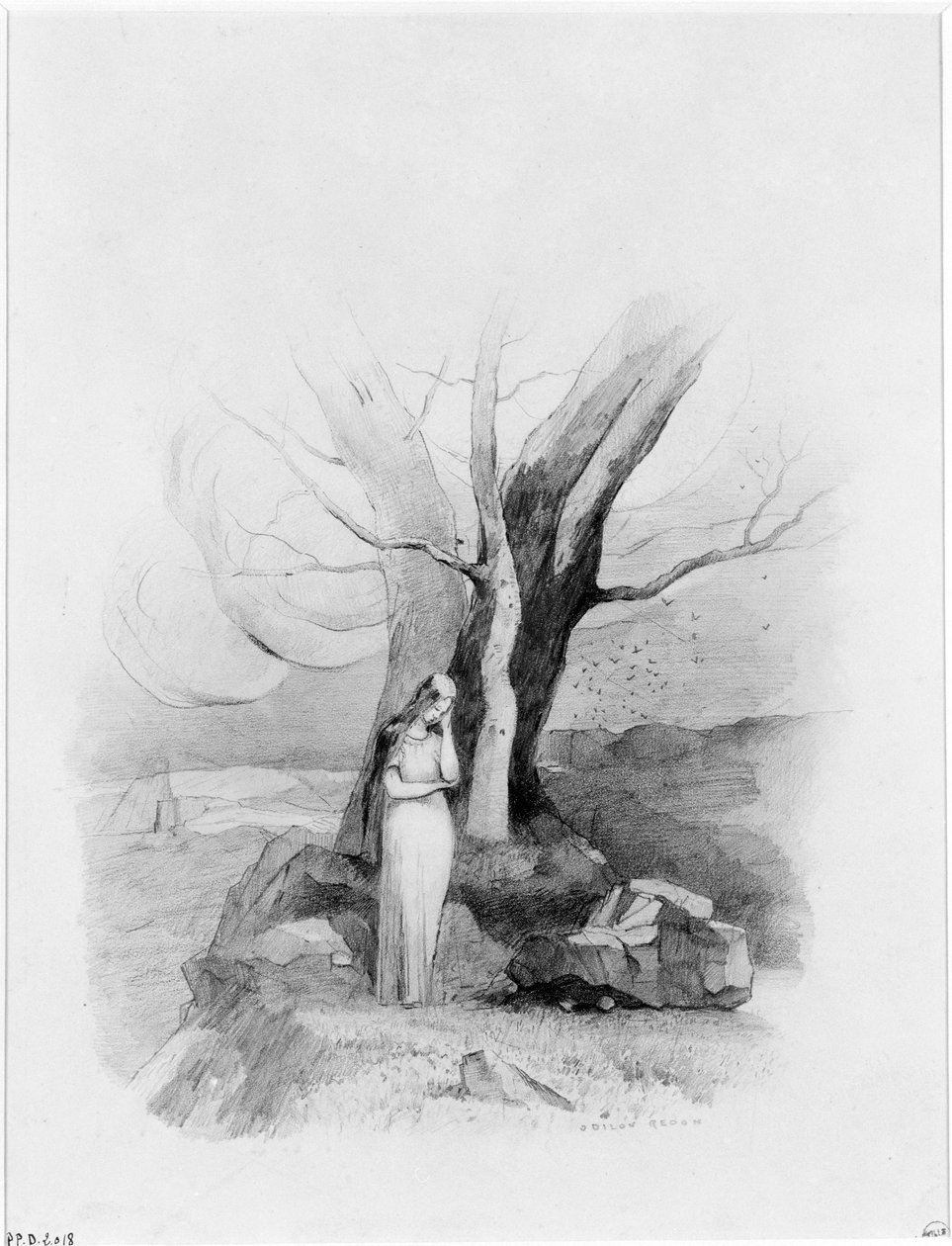 Junges Mädchen stehend am Fuß eines Baumbouquets von Odilon Redon