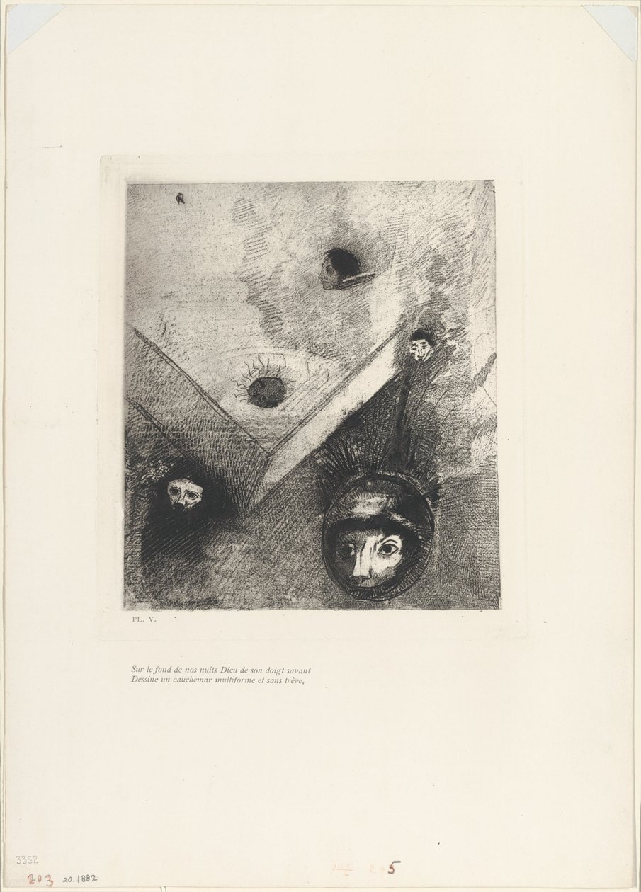 Auf dem Hintergrund unserer Nächte zeichnet Gott mit seinem wissenden Finger einen vielgestaltigen unerbittlichen Albtraum, Platte 6 von 9 von Odilon Redon