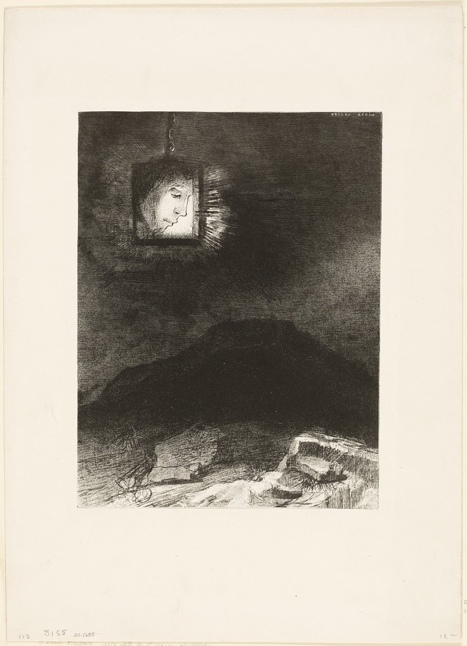 Prekäres Glitzern, ein Kopf, der von der Unendlichkeit hängt, Platte 3 von 6 von Odilon Redon