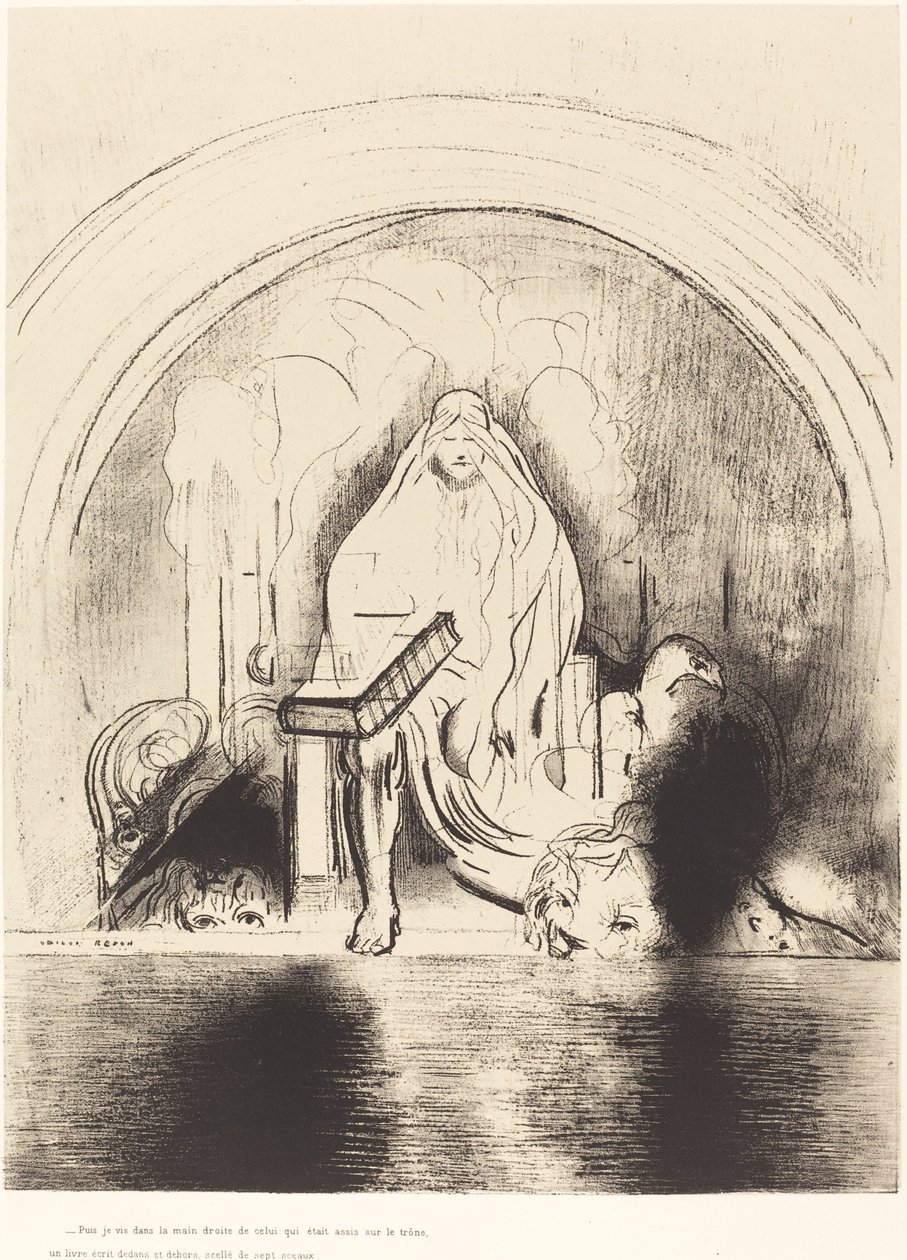 Dann sah ich in der rechten Hand dessen, der auf dem Thron saß, ein Buch, beschrieben innen und außen, versiegelt mit sieben Siegeln von Odilon Redon
