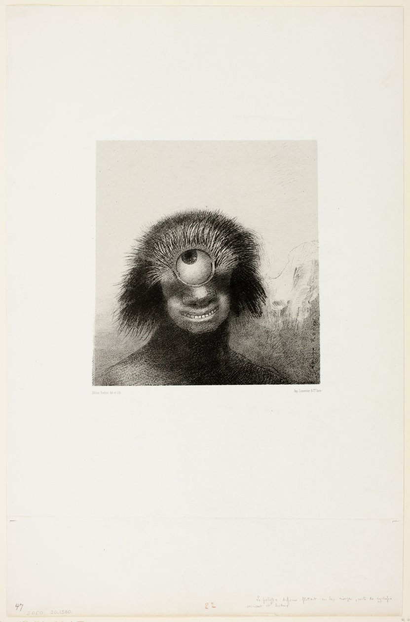 Das missgestaltete Polyp trieb an den Ufern, eine Art lächelnder und abscheulicher Zyklop, Platte 3 von 8 aus "Les Origines" von Odilon Redon