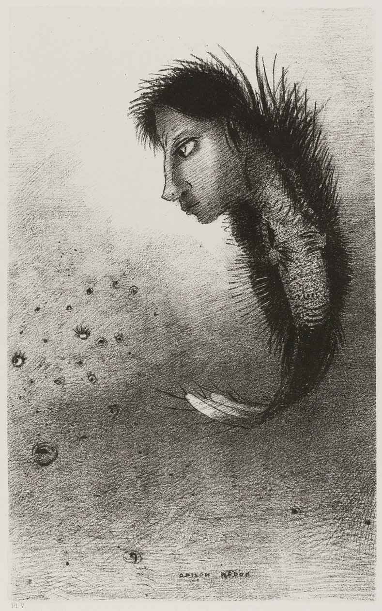 Dann erscheint ein seltsames Wesen, mit dem Kopf eines Mannes auf dem Körper eines Fisches, Platte 5 von 10 von Odilon Redon