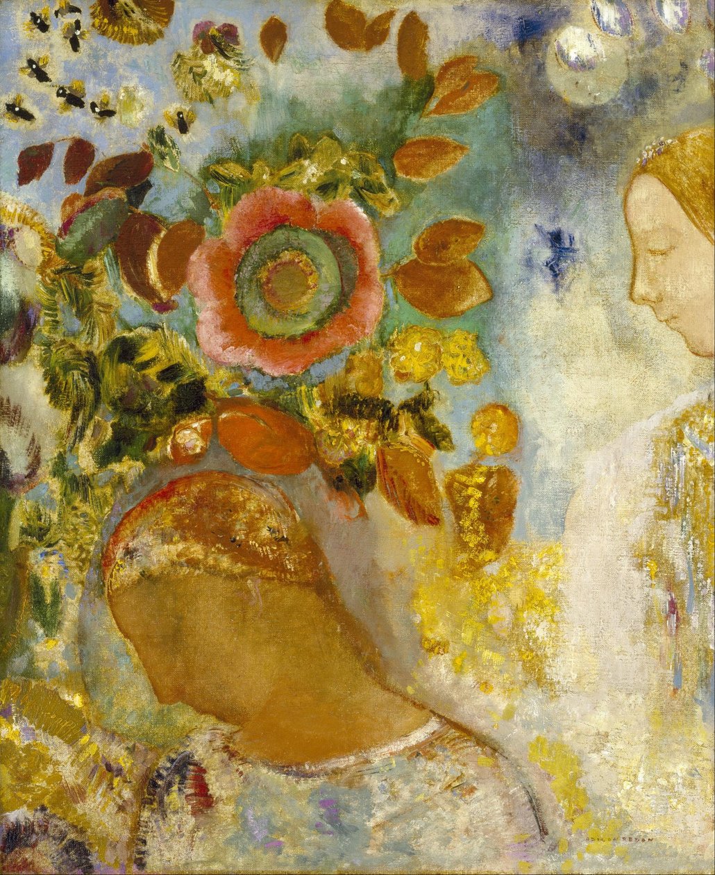 Zwei junge Mädchen unter Blumen von Odilon Redon
