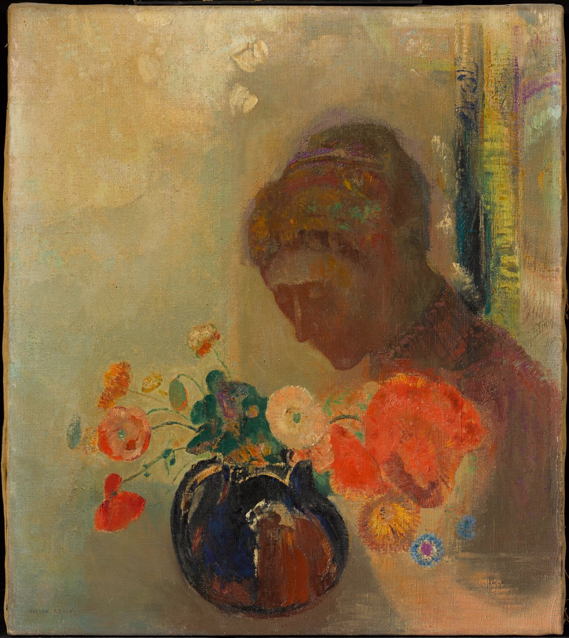 Frau mit einer Vase voller Blumen von Odilon Redon