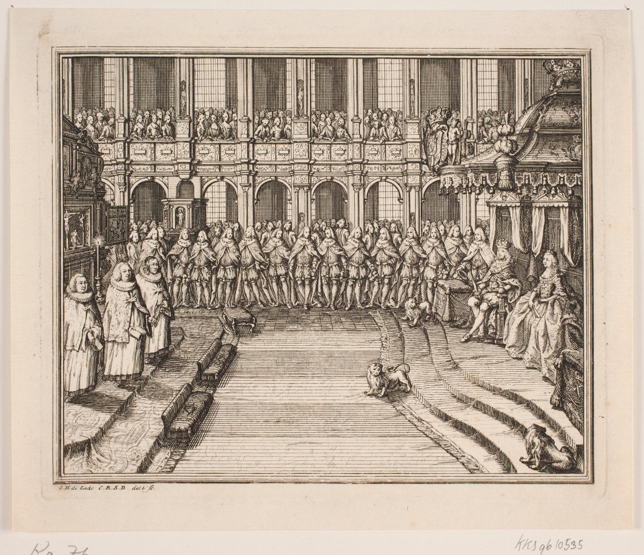 König Frederik V und Königin Louise während der Krönungszeremonie in der Schlosskirche von Frederiksborg. Illustration zur Krönungsakte von Frederik IV von Odvardt Helmoldt de Lode