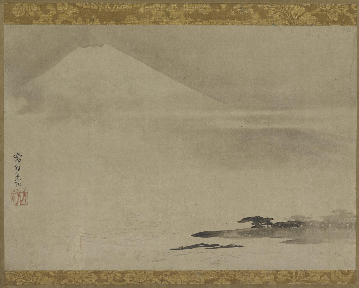 Landschaft: Berg Fuji vom Meer aus, Hängerolle (auf Tafel montiert), spätes 17. bis frühes 18. Jahrhundert von Ogata Korin
