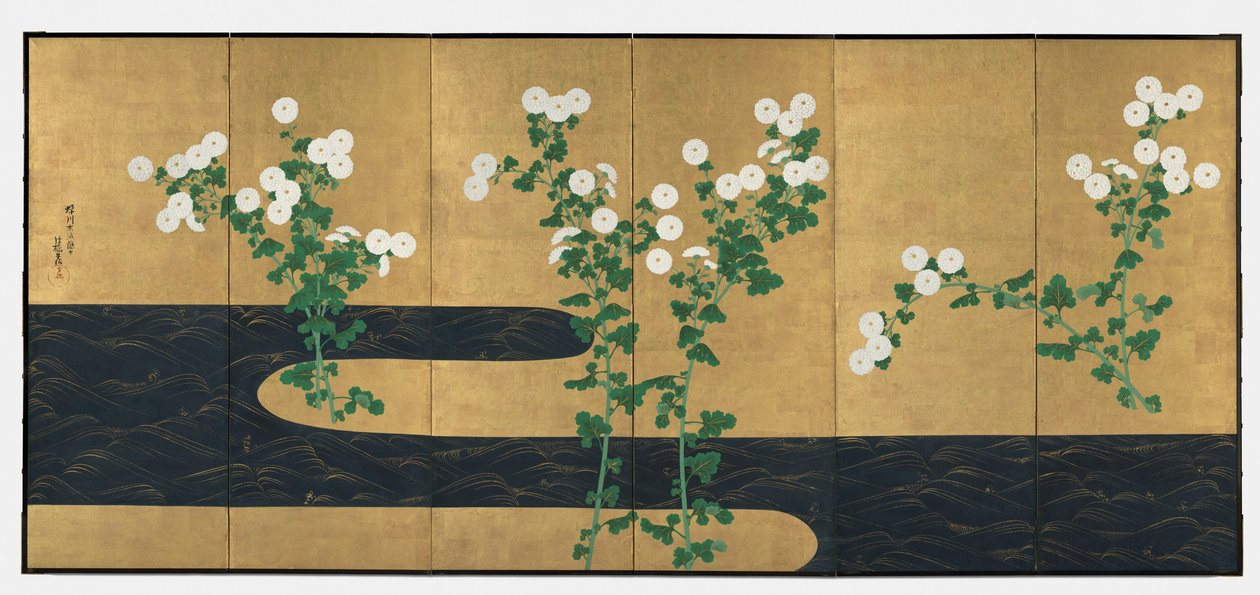 Chrysanthemen an einem Bach, Paar sechsteilige Faltwände, späte 1700er-frühe 1800er von Ogata (follower of) Korin