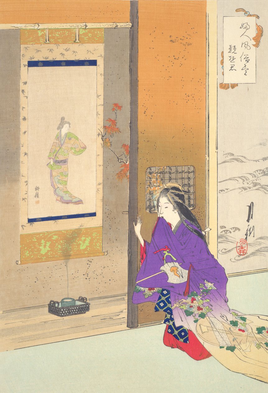 Frau vor einem Tokonoma: Bilder von Frauenmanieren und -sitten von Ogata Gekko
