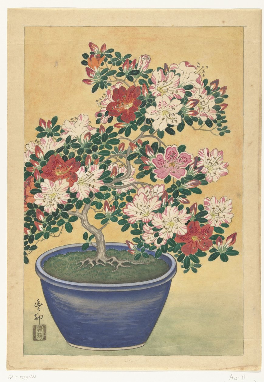 Blühende Azalee in blauem Topf von Ohara Koson (signed by artist)