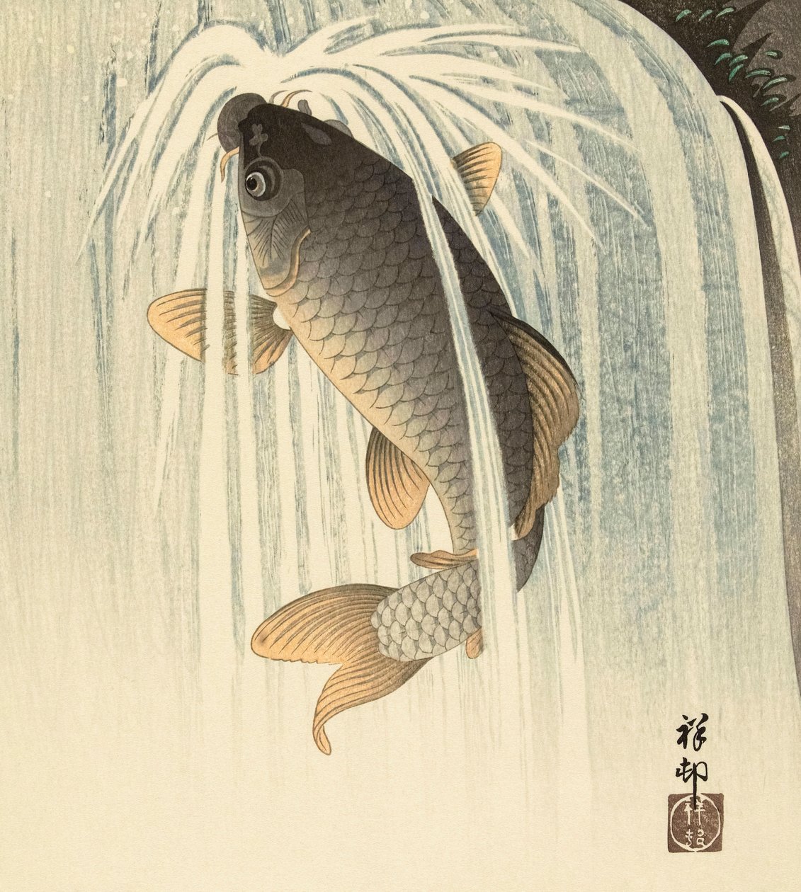 Karpfen unter einem Wasserfall von Ohara Koson