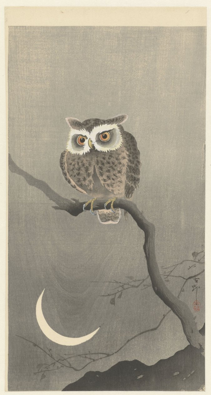 Zwergohreule auf einem Ast mit Halbmond von Ohara Koson