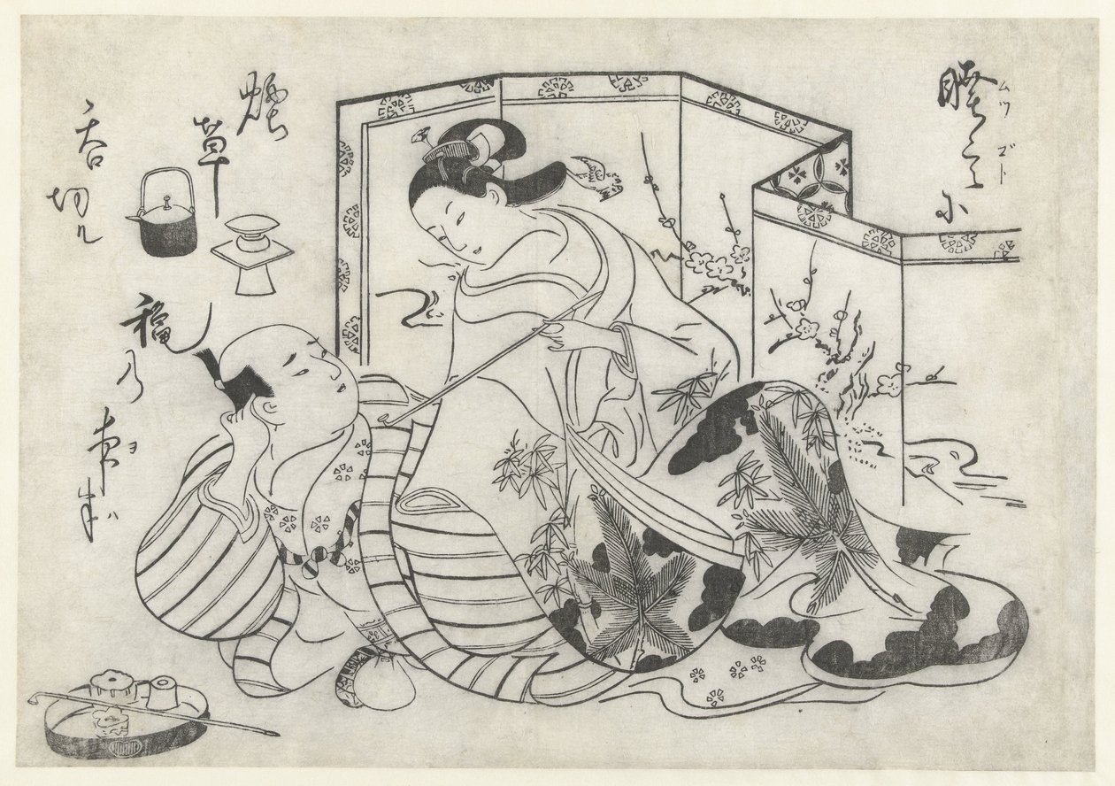 Japanischer Mann und Frau, rauchend vor einem Paravent von Okumura Masanobu (attributed to)