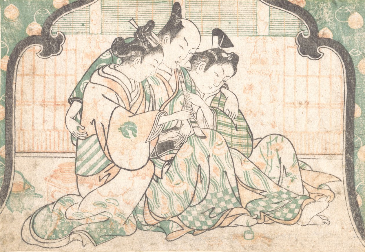 Ein junger Mann sitzt zwischen zwei Frauen von Okumura Masanobu
