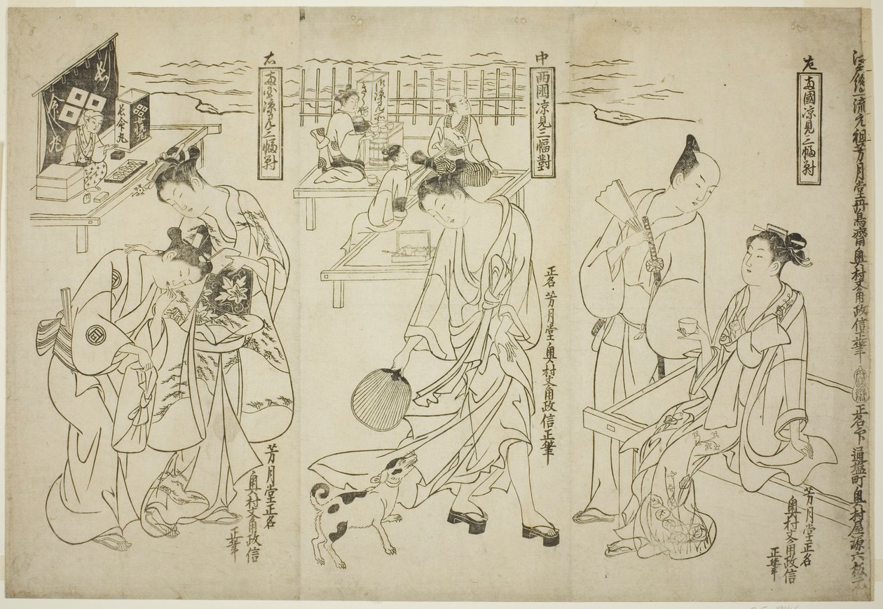 Abkühlung in Ryogoku: Ein Satz von drei (Ryogoku suzumi sanpukutsui) von Okumura Masanobu