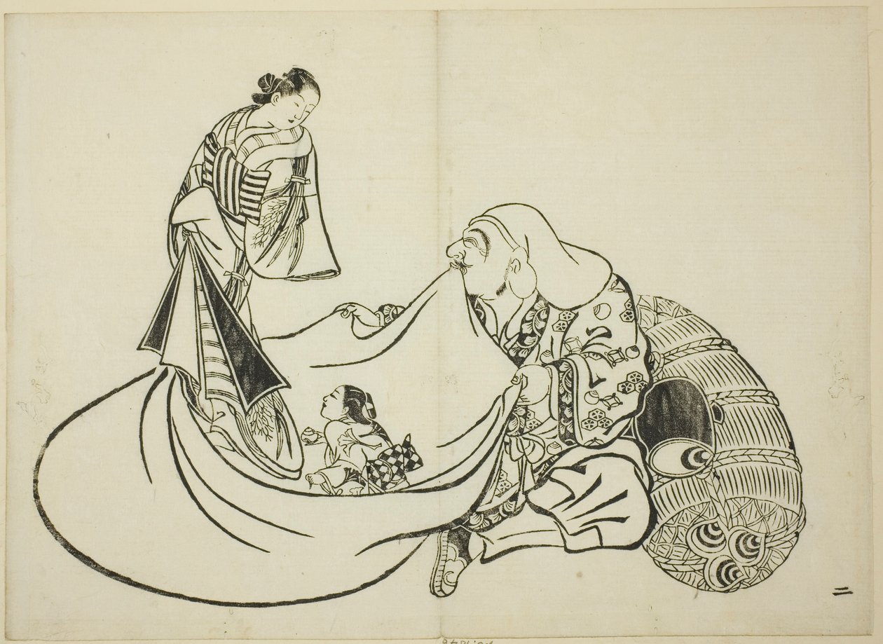 Daikoku enthüllt den Inhalt von Hoteis Tasche, Nr. 2 aus der Serie von 12 Drucken von Okumura Masanobu