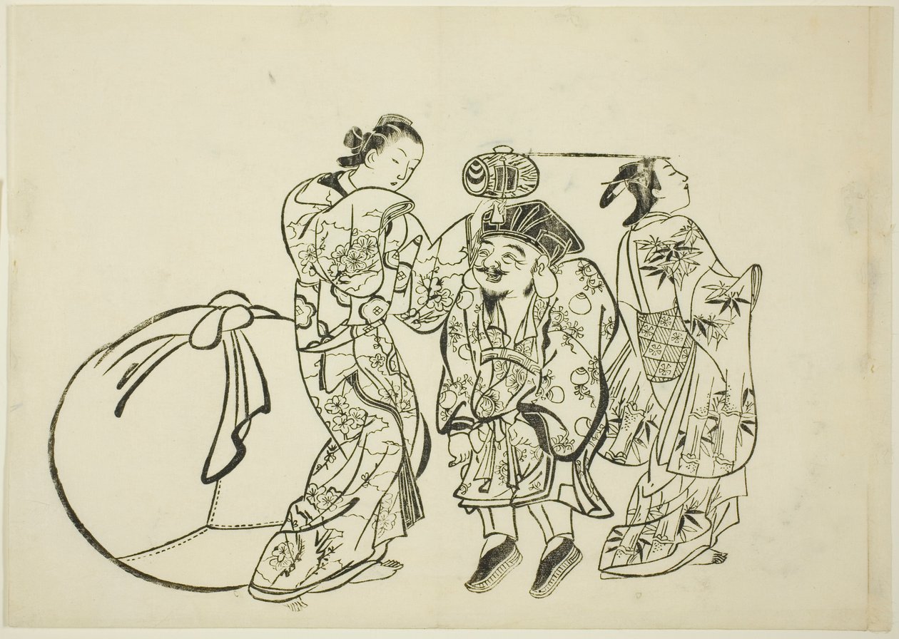 Daikokus Höhe messen, Nr. 5 aus einer Serie von 12 Drucken von Okumura Masanobu